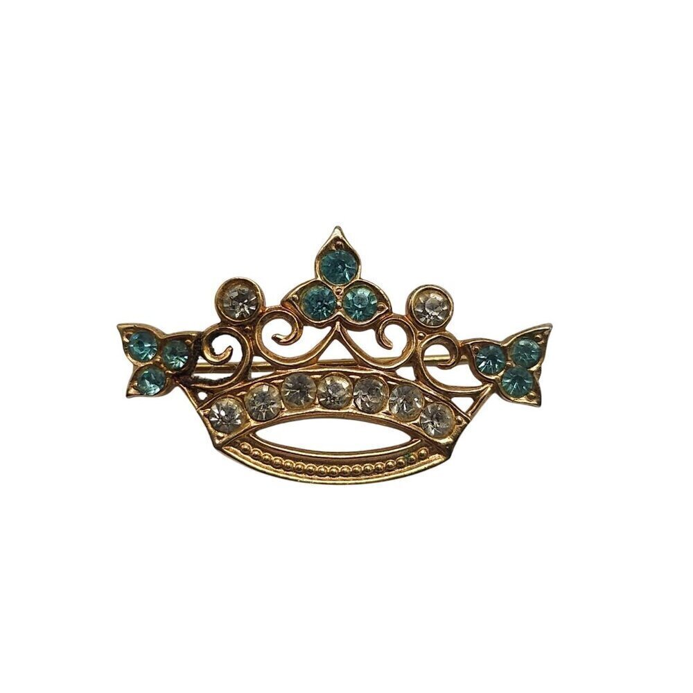 Vintage Crown Brooch With Aqua Blue Clear Rhinestones In Gold Tone